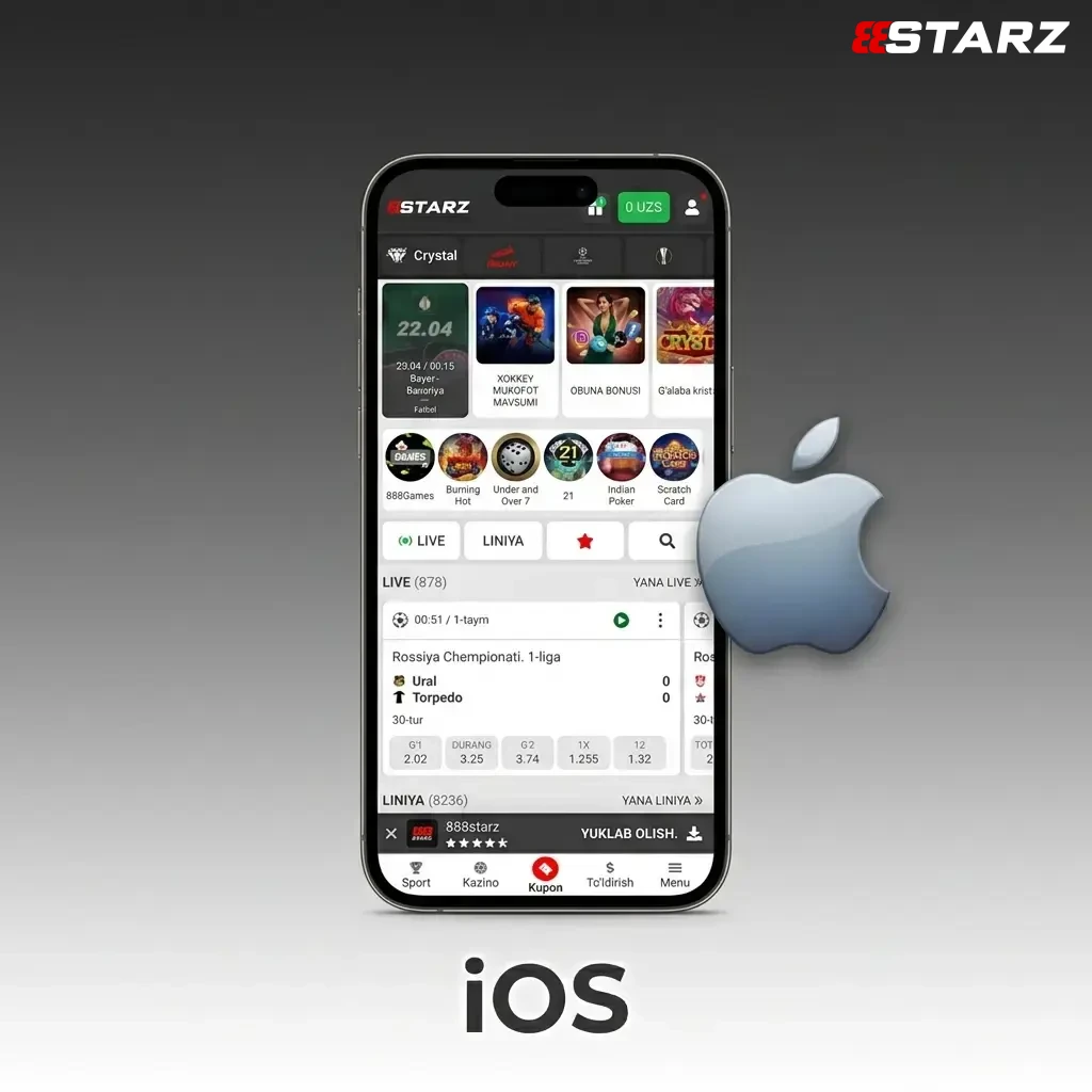 888starz iOS ilovasi iPhone va iPad uchun App Store orqali yuklab olinadi, iOS 12.0 va yuqori versiyalarda ishlaydi