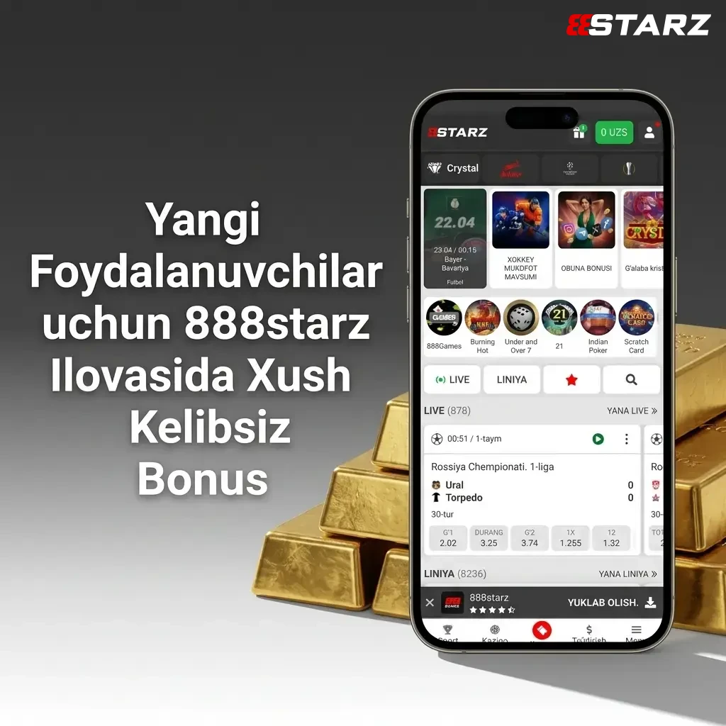 888starz ilovasida yangi foydalanuvchilar uchun xush kelibsiz bonus: sport yoki kazino, 1 450 000 UZS gacha