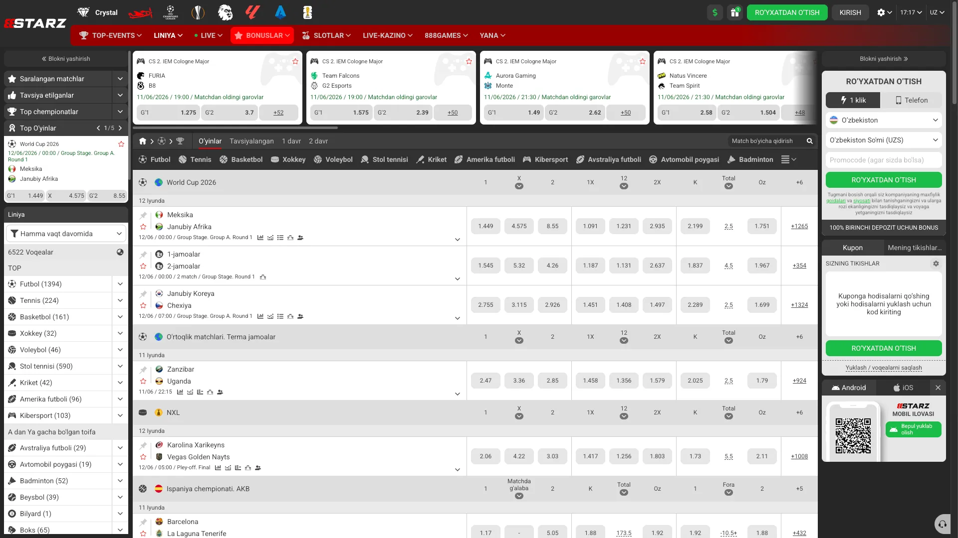 888starz bukmekerida sport garovlari.