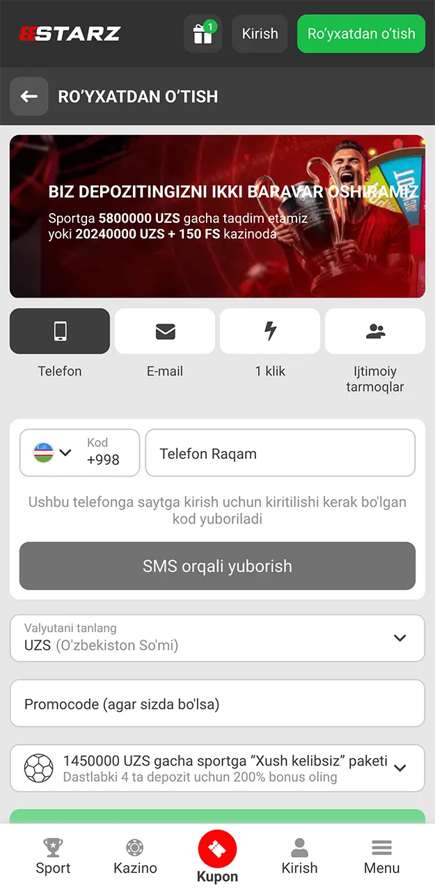 Iltimos, 888starz saytida ro'yxatdan o'tish uchun kerakli mobil telefon raqamini kiriting.