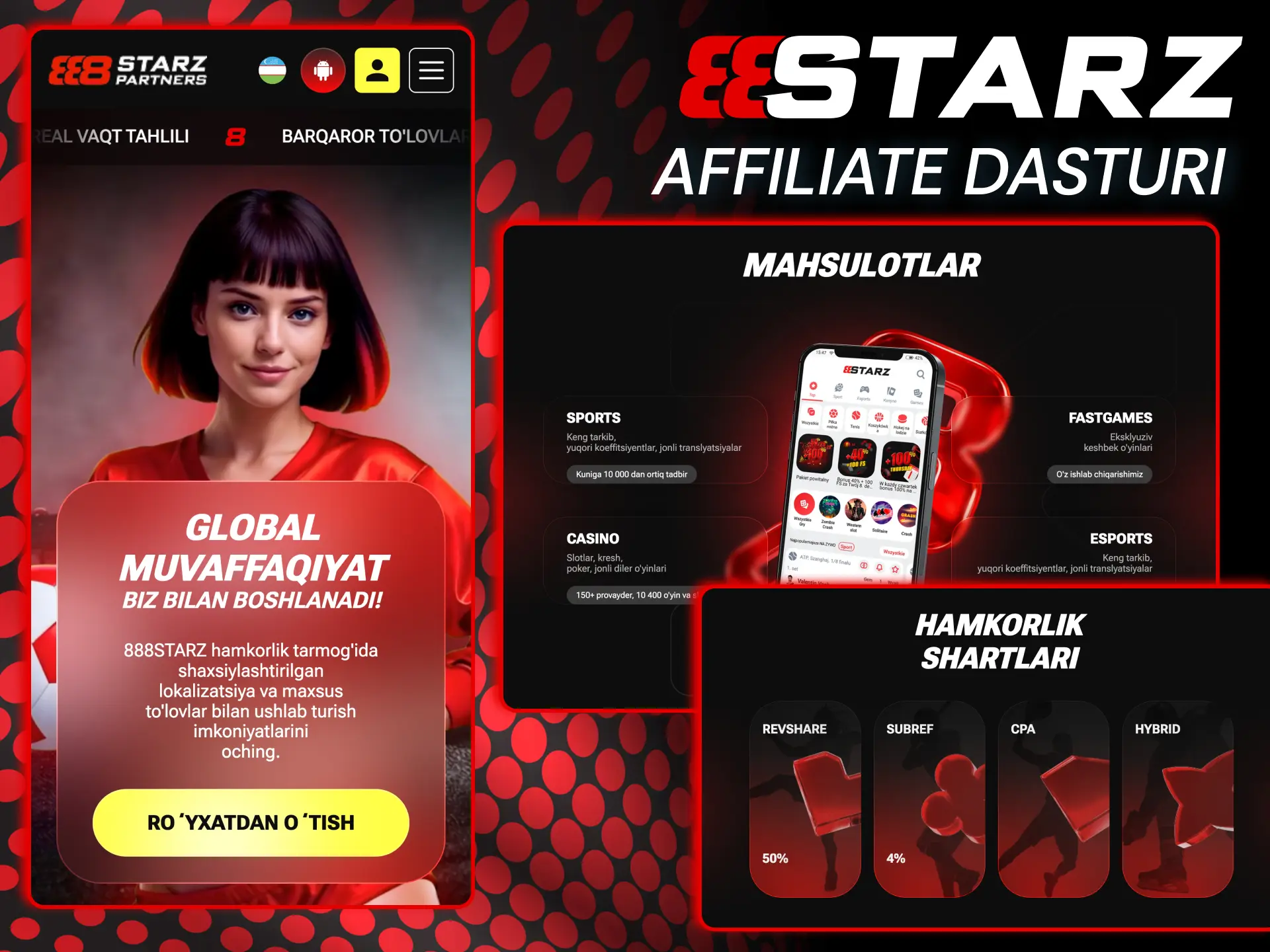 Affiliate daromadi 888starz webmasterlar uchun CPA va Revenue Share mukofotlarini beradi.