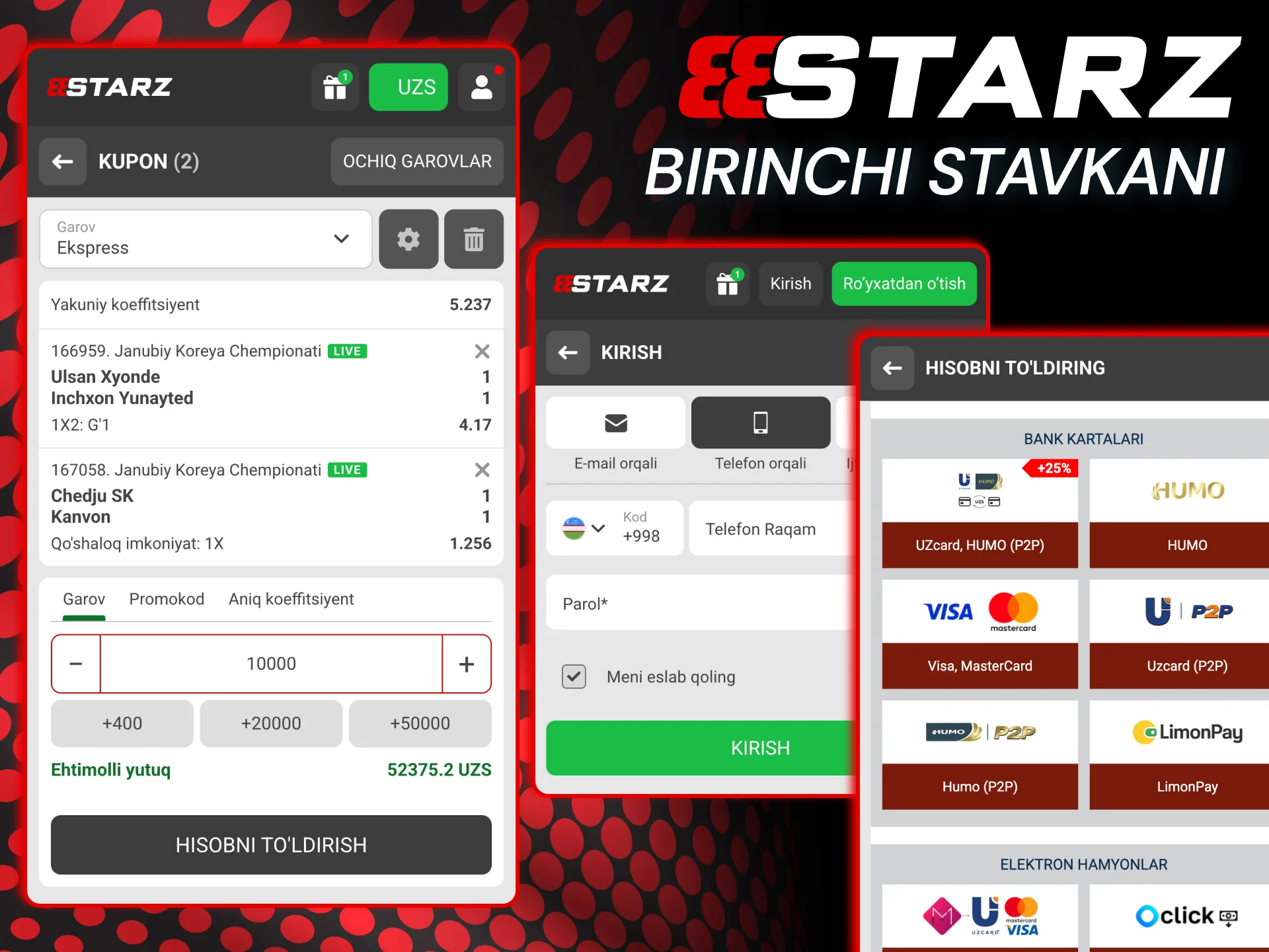 Sport tanlash 888starz sport bo‘limida tadbir tanlab summa kiritib tikish mumkin.