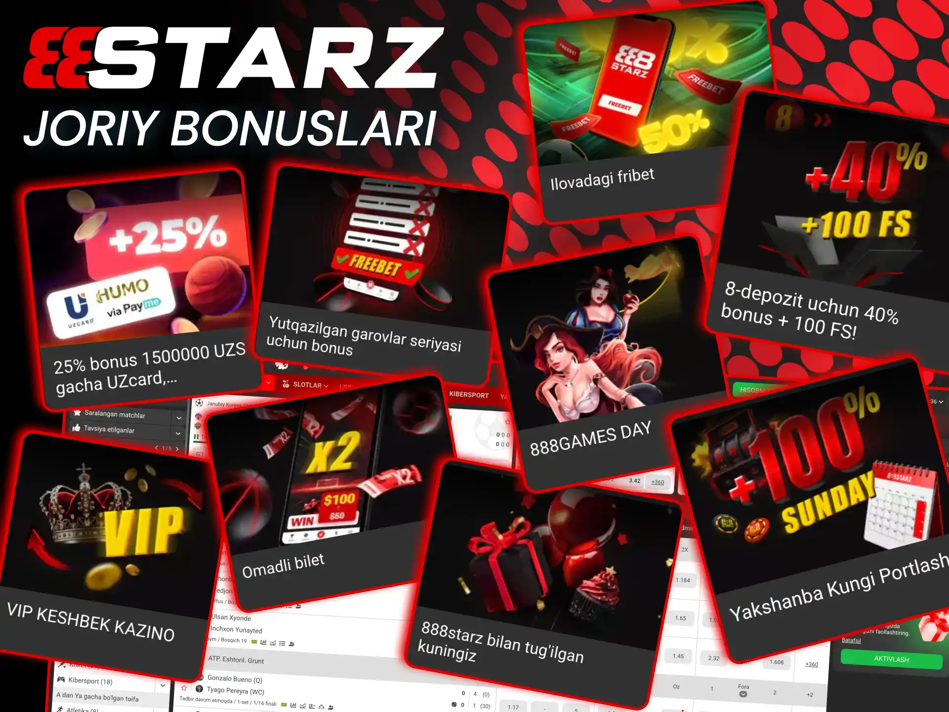 Bonuslar jamlanmasi 888starz Oʻzbek o‘yinchilari uchun doimiy aksiyalar va katta bonuslar beradi.