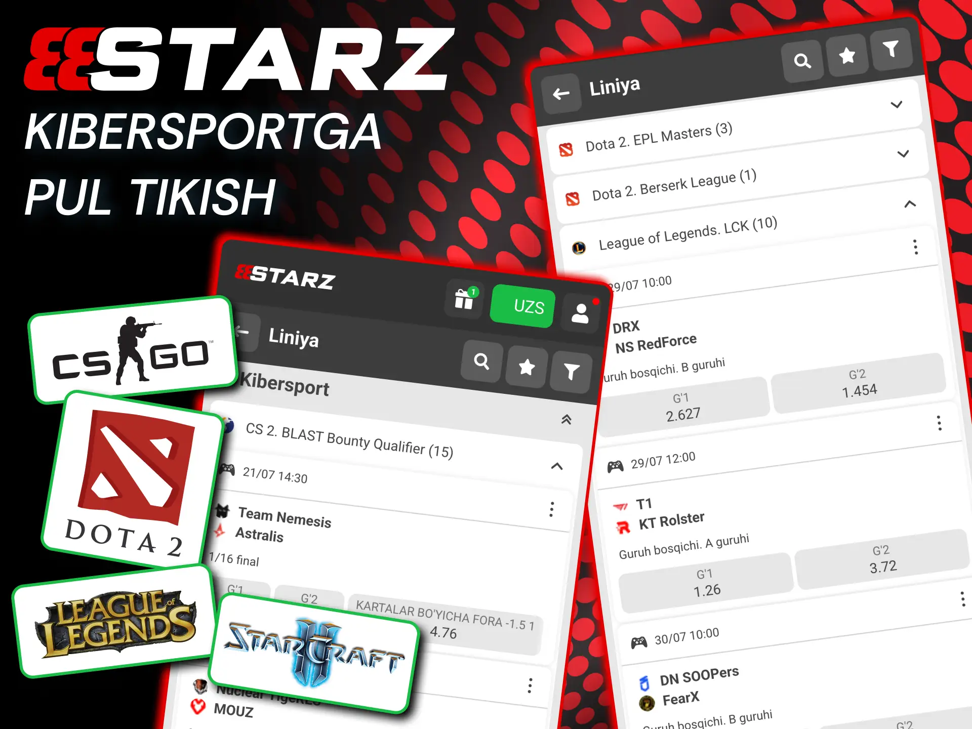 O‘yinlar tanlovi 888starz CS2, Dota 2, LoL va Starcraft bo‘yicha keng tanlov beradi.