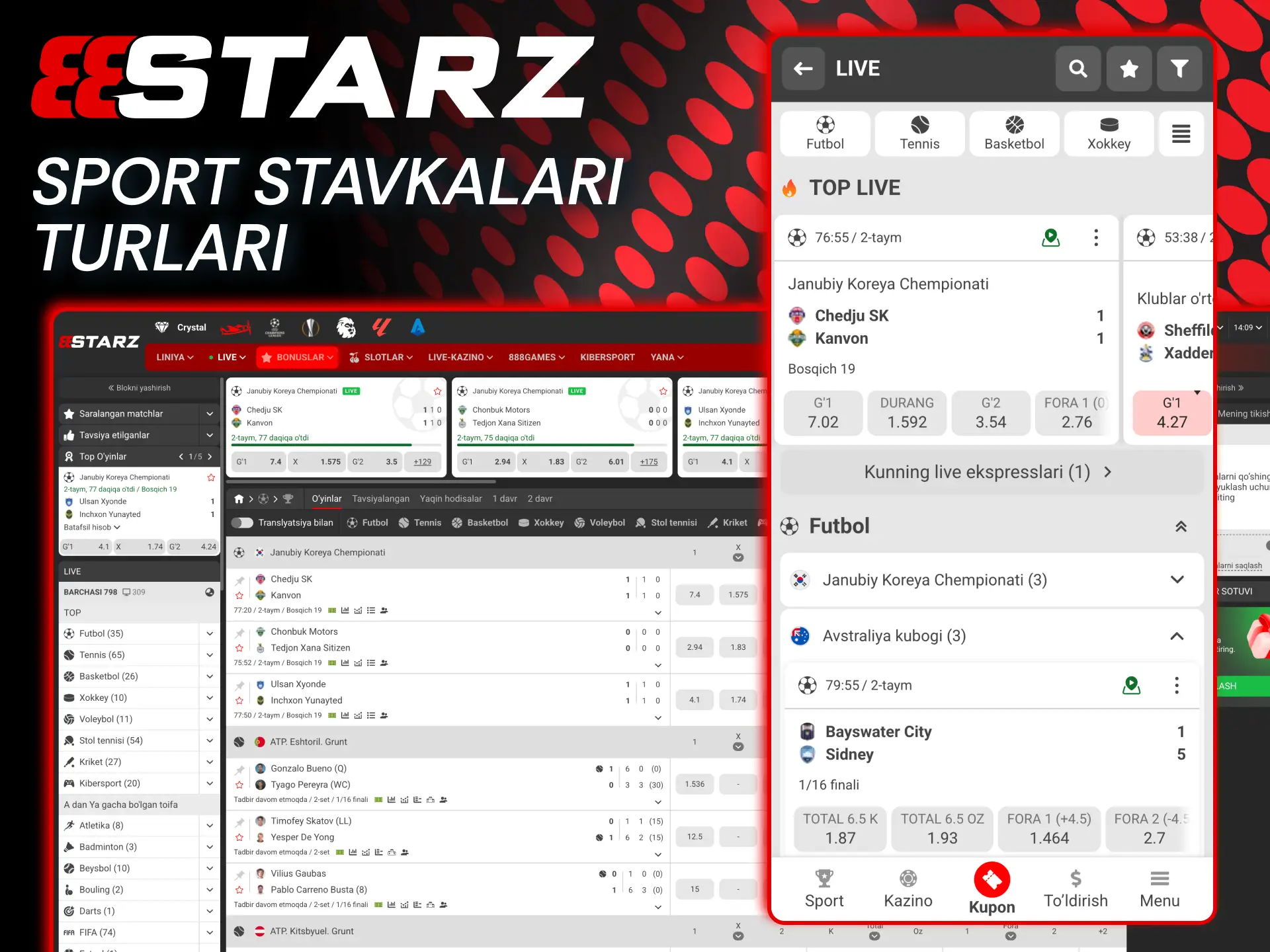 Sport tanlovi 888starz futbol, tennis va kibersport bo‘yicha keng stavkalar beradi.