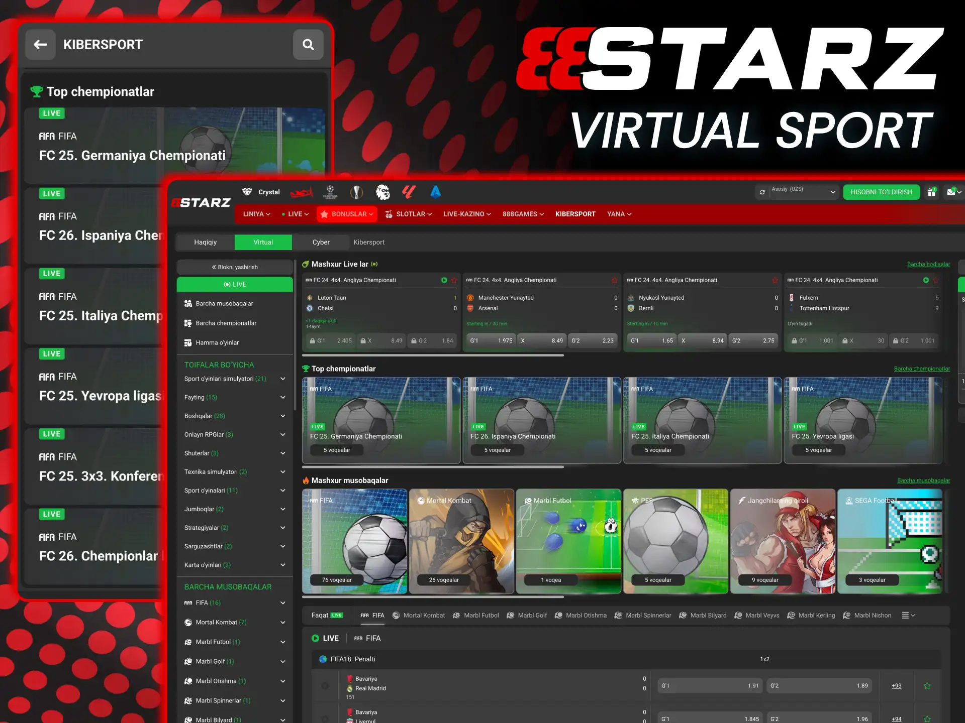 Virtual sport 888starz virtual futbol va poygalarda doimiy tikish imkonini beradi.